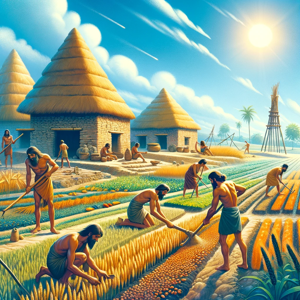 Image showing members of an early agricultural society working the land.