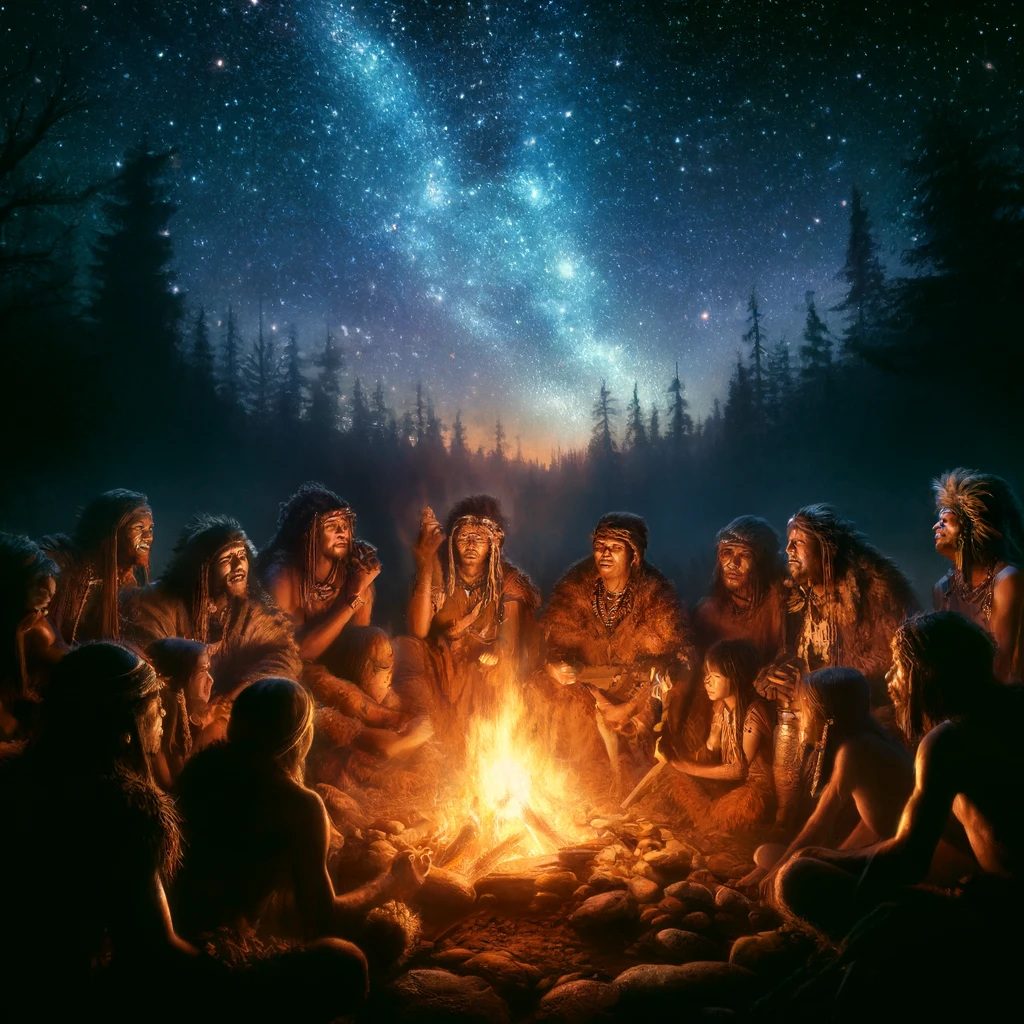 Image showing hunter-gatherer tribe sitting around a campfire.
