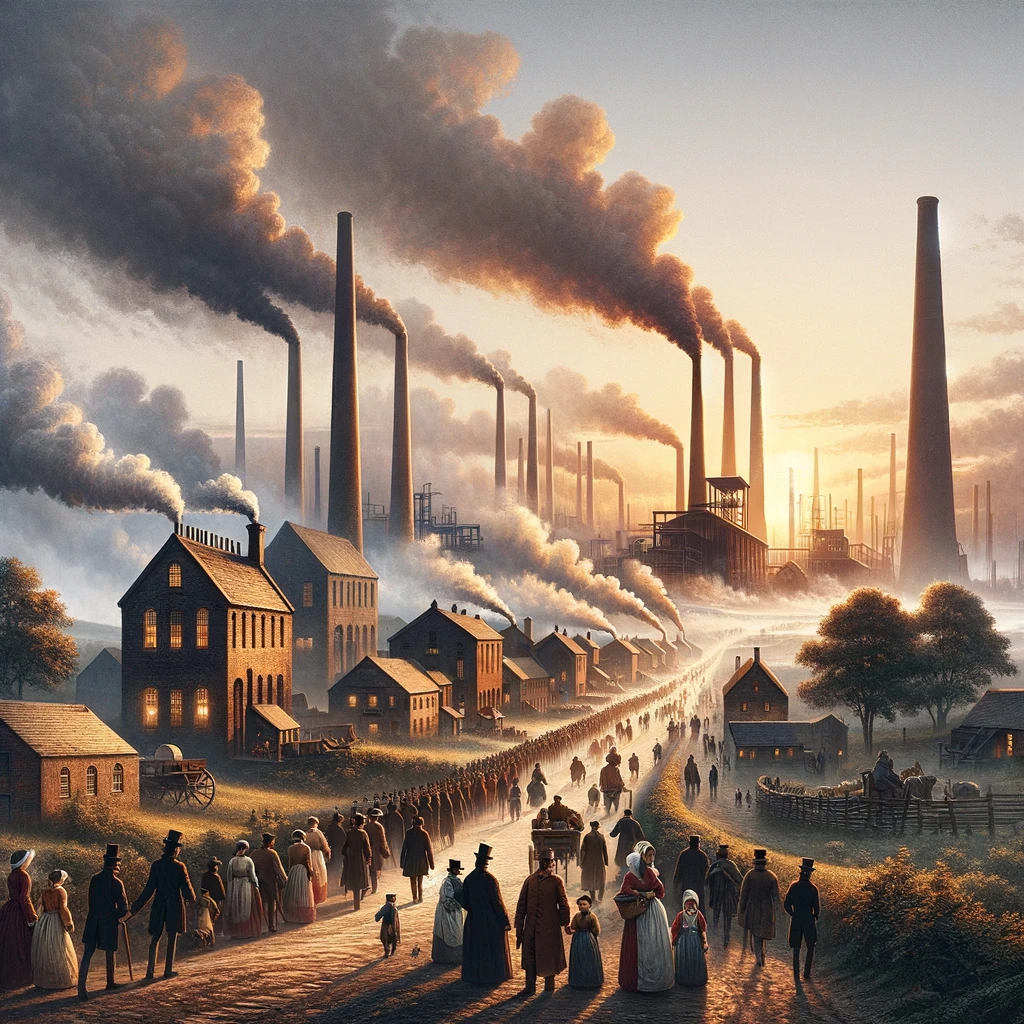 Image showing an early industrial society with factories and people going to work.